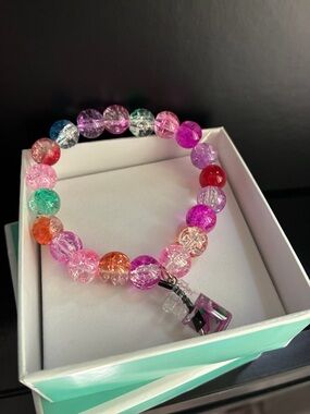 Colorful Cracked Glass Bead Stretch Bracelet with Charm